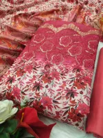 Digital Print Three Piece with Embroidered Sleeves and Cut Work Orna