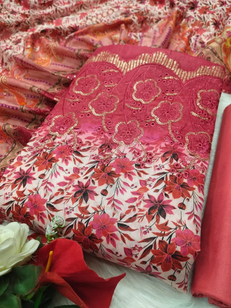 Digital Print Three Piece with Embroidered Sleeves and Cut Work Orna