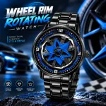 360° Rotating Car Wheel Rim Quartz Watch – Matte Black Sports Wristwatch