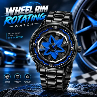 360° Rotating Car Wheel Rim Quartz Watch – Matte Black Sports Wristwatch