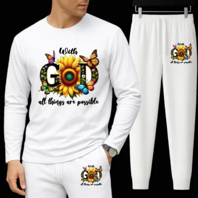 Men's Relaxed Fit Long Sleeve T-Shirt and Suit Fabric Trouser
