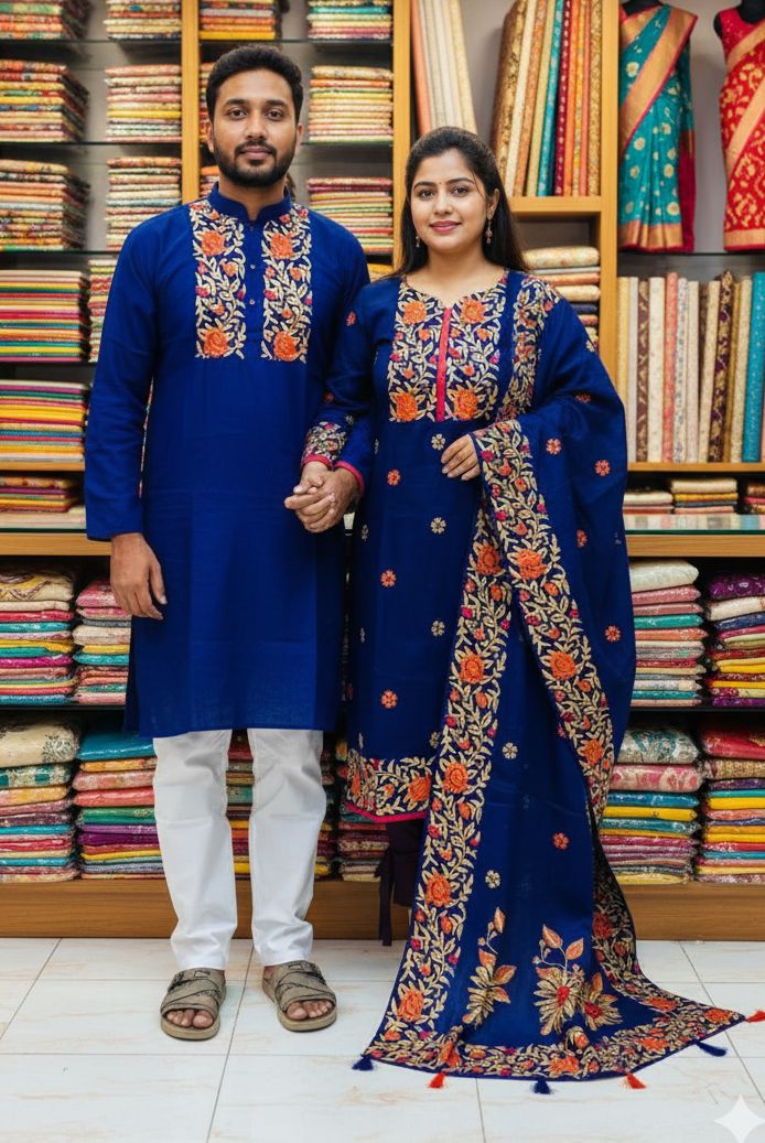 Panjabi and Three Piece Couple Set in Block and Hand Print