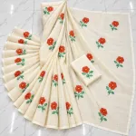 Off-White Cotton Saree with Red & Orange Floral Embroidery