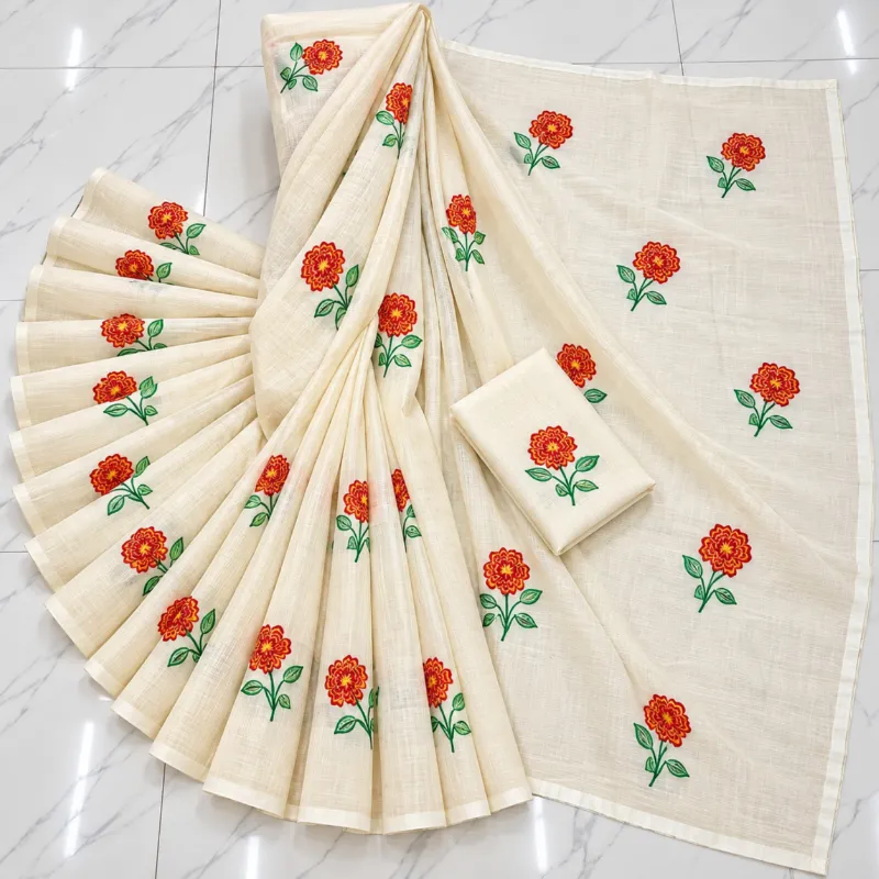 Off-White Cotton Saree with Red & Orange Floral Embroidery