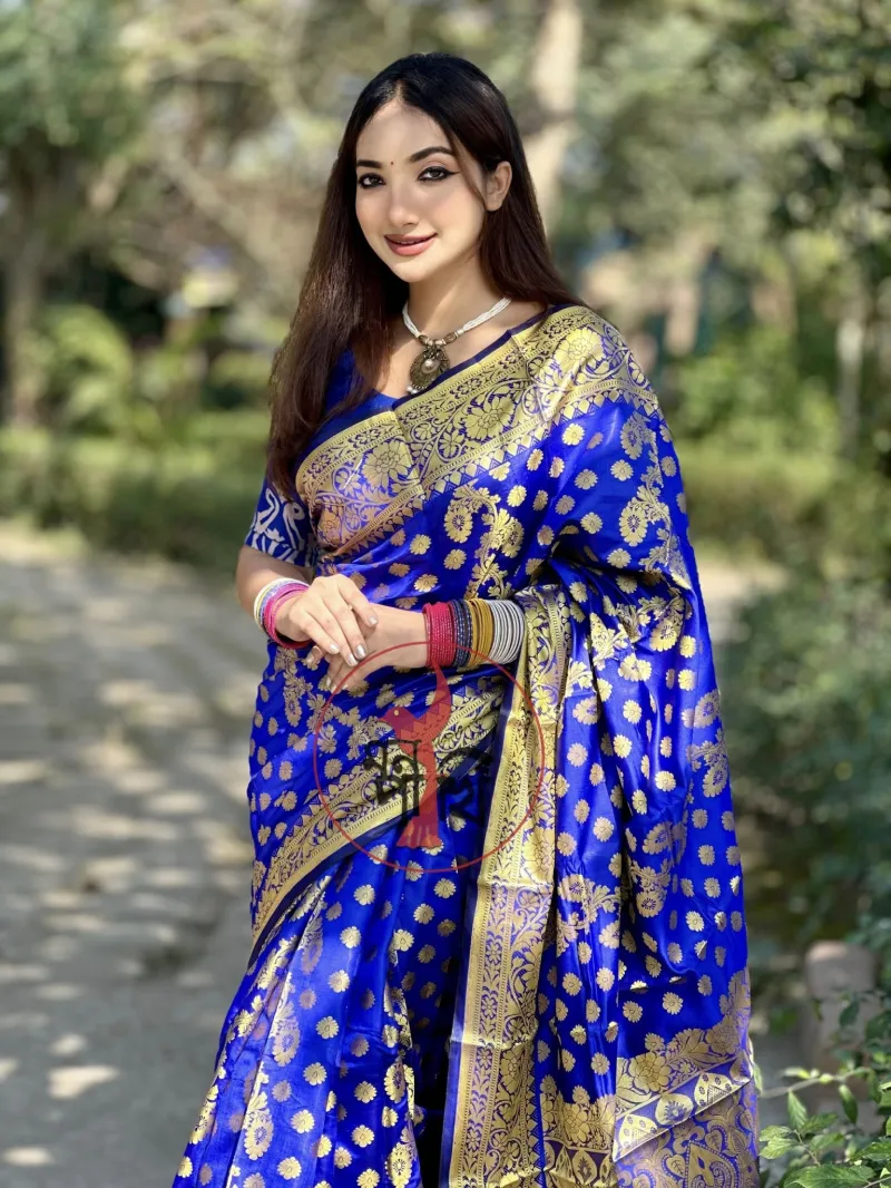 Silk Katan Saree with Golden Thread and Zari Work, 12 Haath