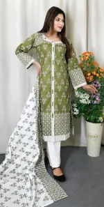 Readymade Cotton Three Piece with Lace Work, Cotton Orna, 4 Colours