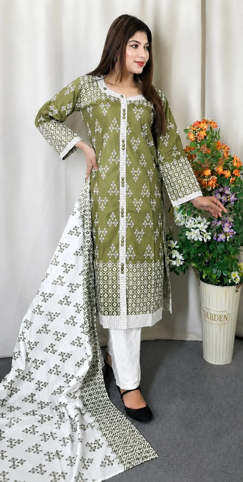 Readymade Cotton Three Piece with Lace Work, Cotton Orna, 4 Colours