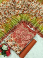 Digital Print Three Piece with Embroidered Sleeves and Cut Work Orna