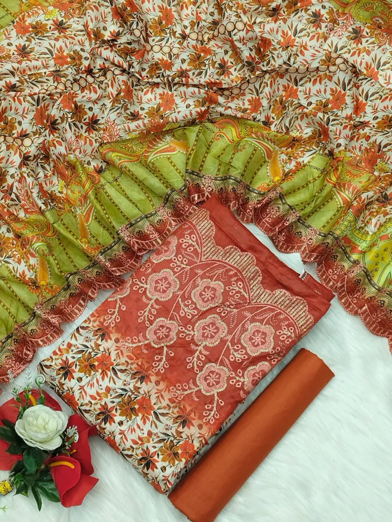 Digital Print Three Piece with Embroidered Sleeves and Cut Work Orna