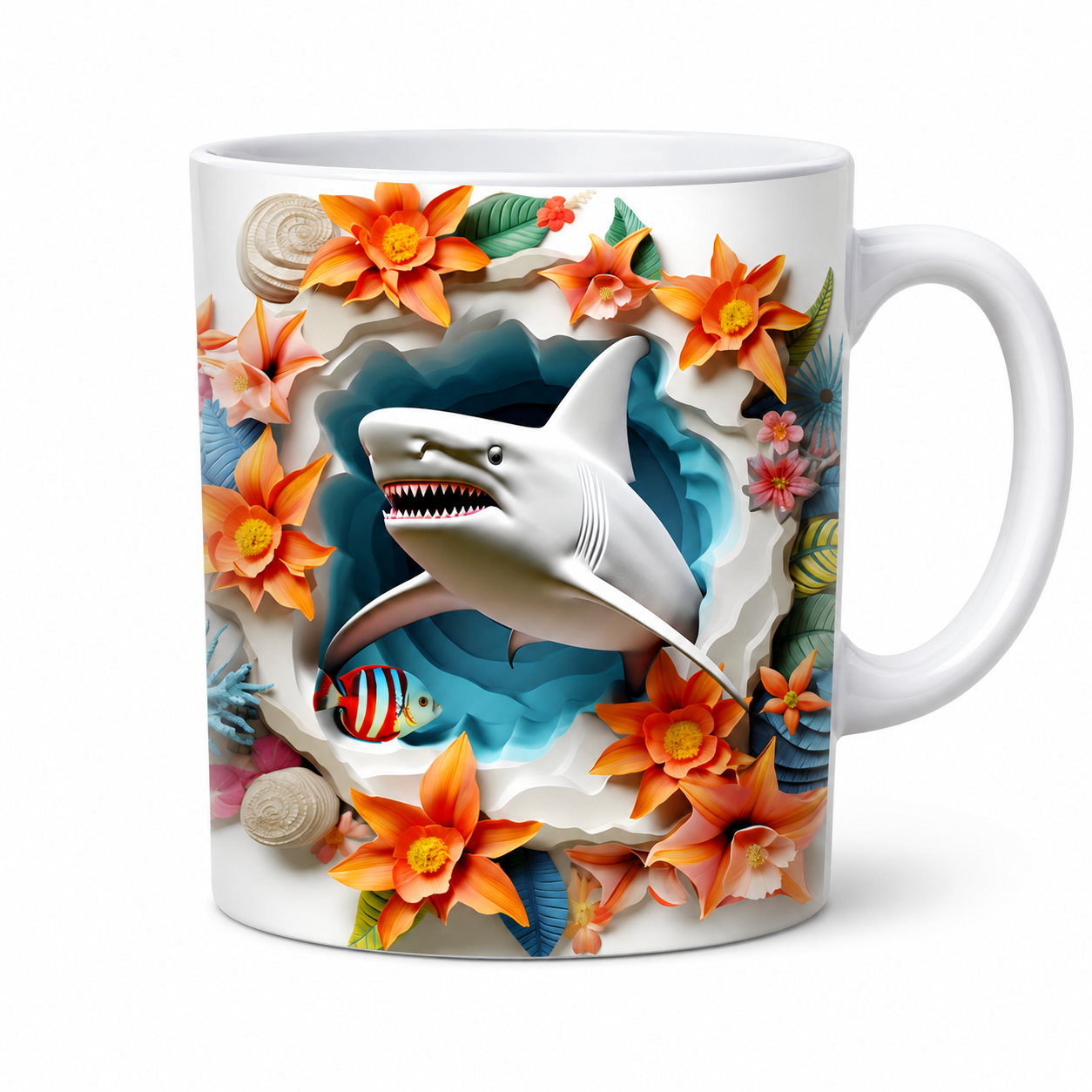 Shark Design Mug – Stylish Ceramic Coffee Mug with 3D Underwater Shark and Floral Print, Microwave & Dishwasher Safe