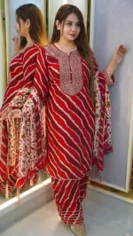 Women's Printed Cotton Three Piece, 5 Haath Orna, L to XXL