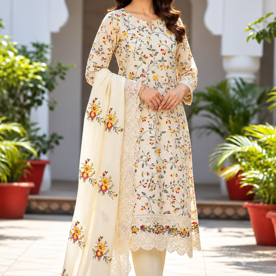 Unstitched Premium Floral Printed Cotton Three-Piece Suit - Off-White/Cream