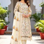 Unstitched Premium Floral Printed Cotton Three-Piece Suit - Off-White/Cream