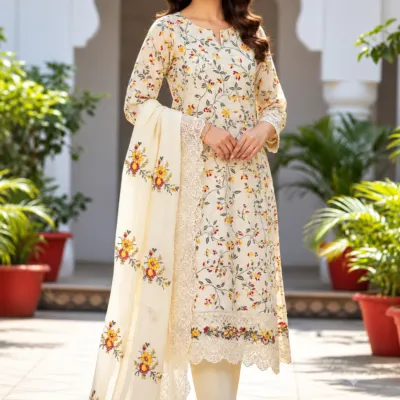 Unstitched Premium Floral Printed Cotton Three-Piece Suit - Off-White/Cream