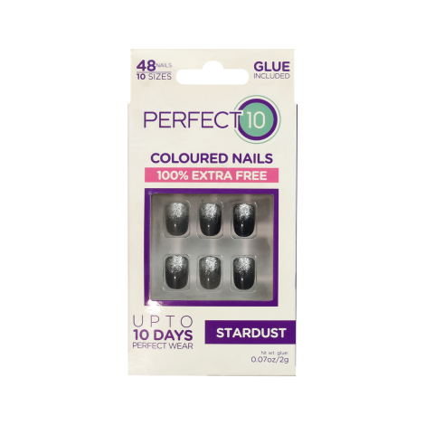 Perfect 10 Stardust False Coloured Nails With Glue Black & Sliver Nails 48 Pices (China)