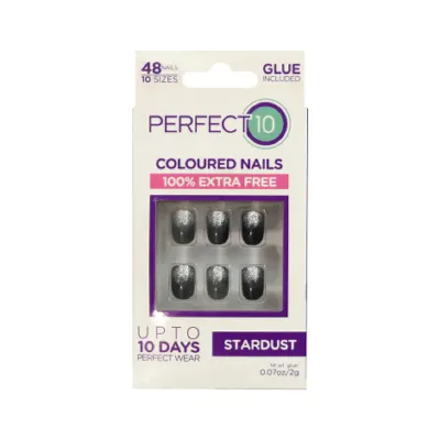 Perfect 10 Stardust False Coloured Nails With Glue Black & Sliver Nails 48 Pices (China)