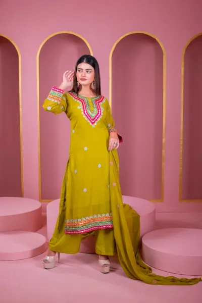 Women's Readymade Georgette Three Piece, Dollar Work, 46 Inch Kameez