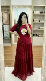 Pure Cotton T-Shirt and Georgette Skirt Set, 22 Inch Tee
