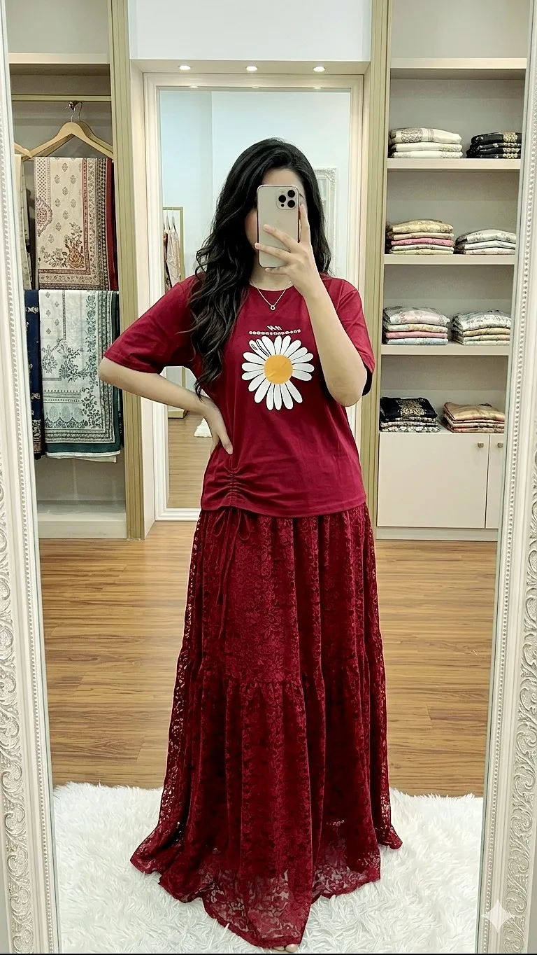 Pure Cotton T-Shirt and Georgette Skirt Set, 22 Inch Tee