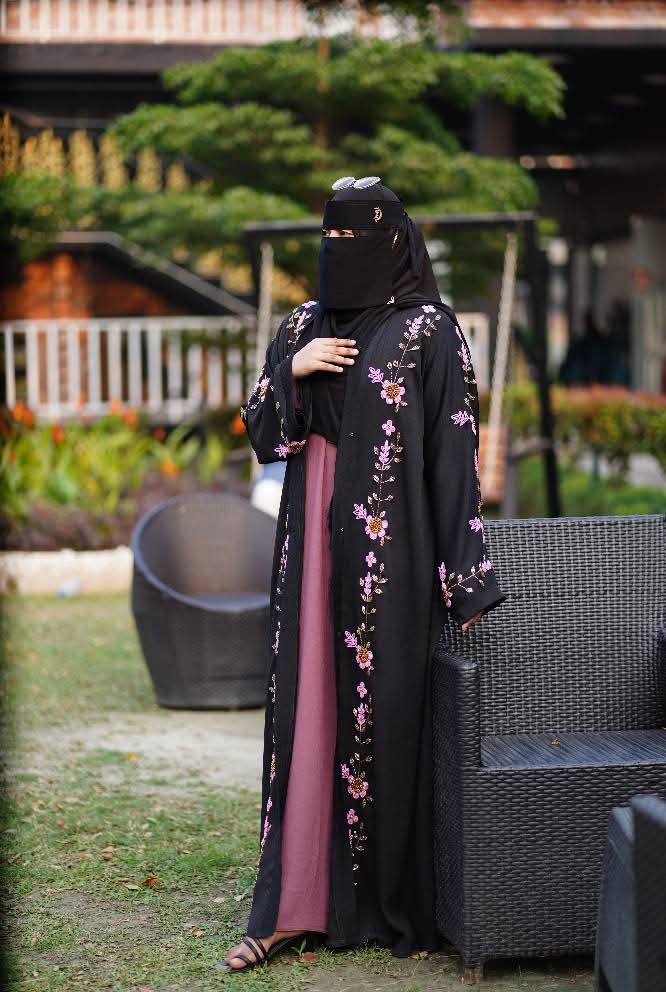 Muslima Embroidered Borka Set with Koti, Inner and Hijab