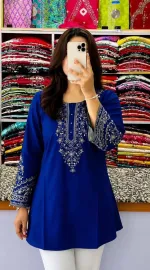 Women's Linen Short Kurti with Neck and Sleeve Embroidery