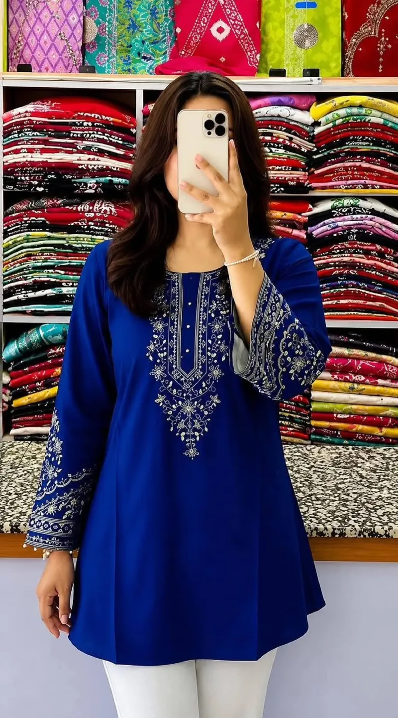 Women's Linen Short Kurti with Neck and Sleeve Embroidery