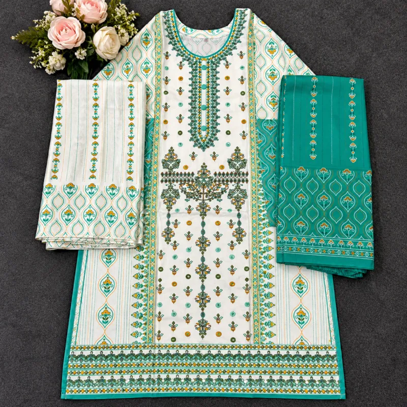 Premium Off-White & Sea-Green Cotton Three-Piece Set