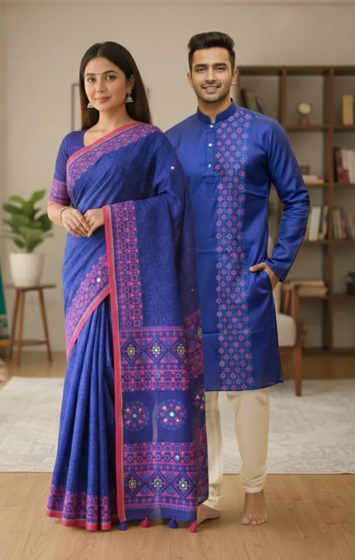 Couple Boutique Silk Saree and Panjabi Set, 13.5 Haath Saree
