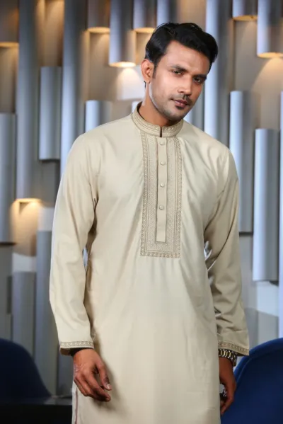 Men's Embroidered Jacquard Cotton Panjabi, Snap Buttons, M to XXL