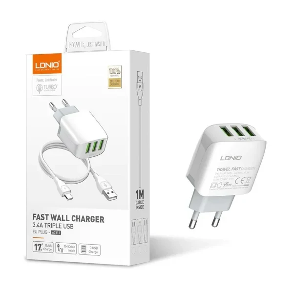 LDNIO A3312 17W 3 USB Home Charging Adapter