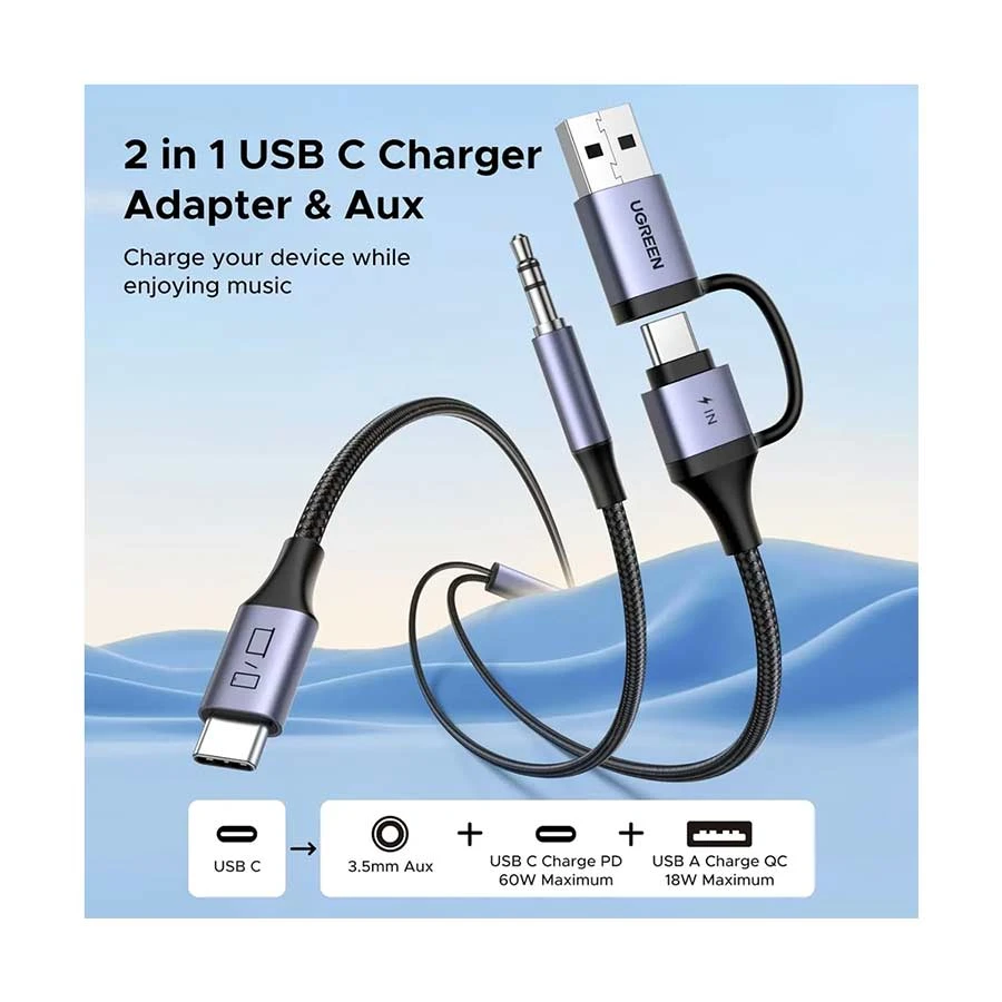 UGREEN CM772 USB-C to USB-C, USB-A & 3.5mm 60W Charging & Audio Cable