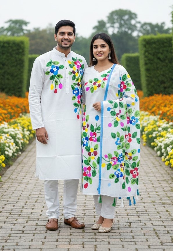 Matching Couple Set, Unstitched Voile Three Piece and Silk Panjabi