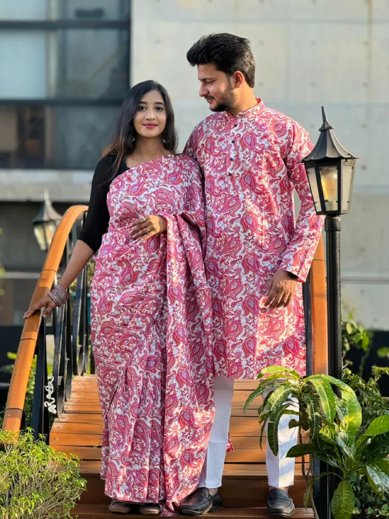 Cotton Mix Digital Print Saree and Panjabi Couple Dress, M to XL