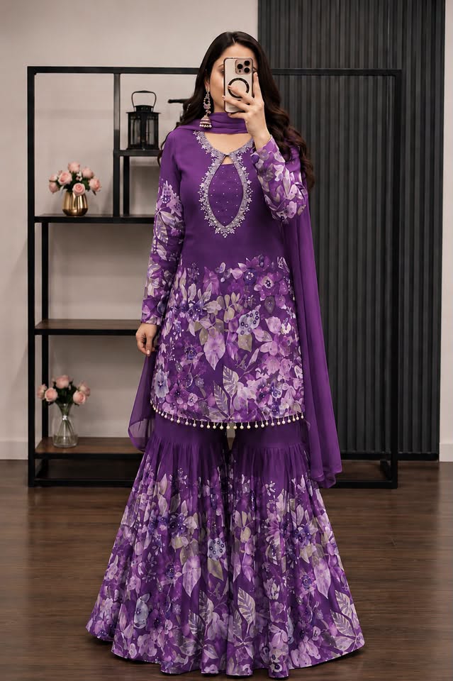 Women's Micro Georgette Three Piece with Stone Work Chiffon Orna