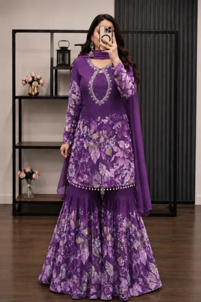 Women's Micro Georgette Three Piece with Stone Work Chiffon Orna