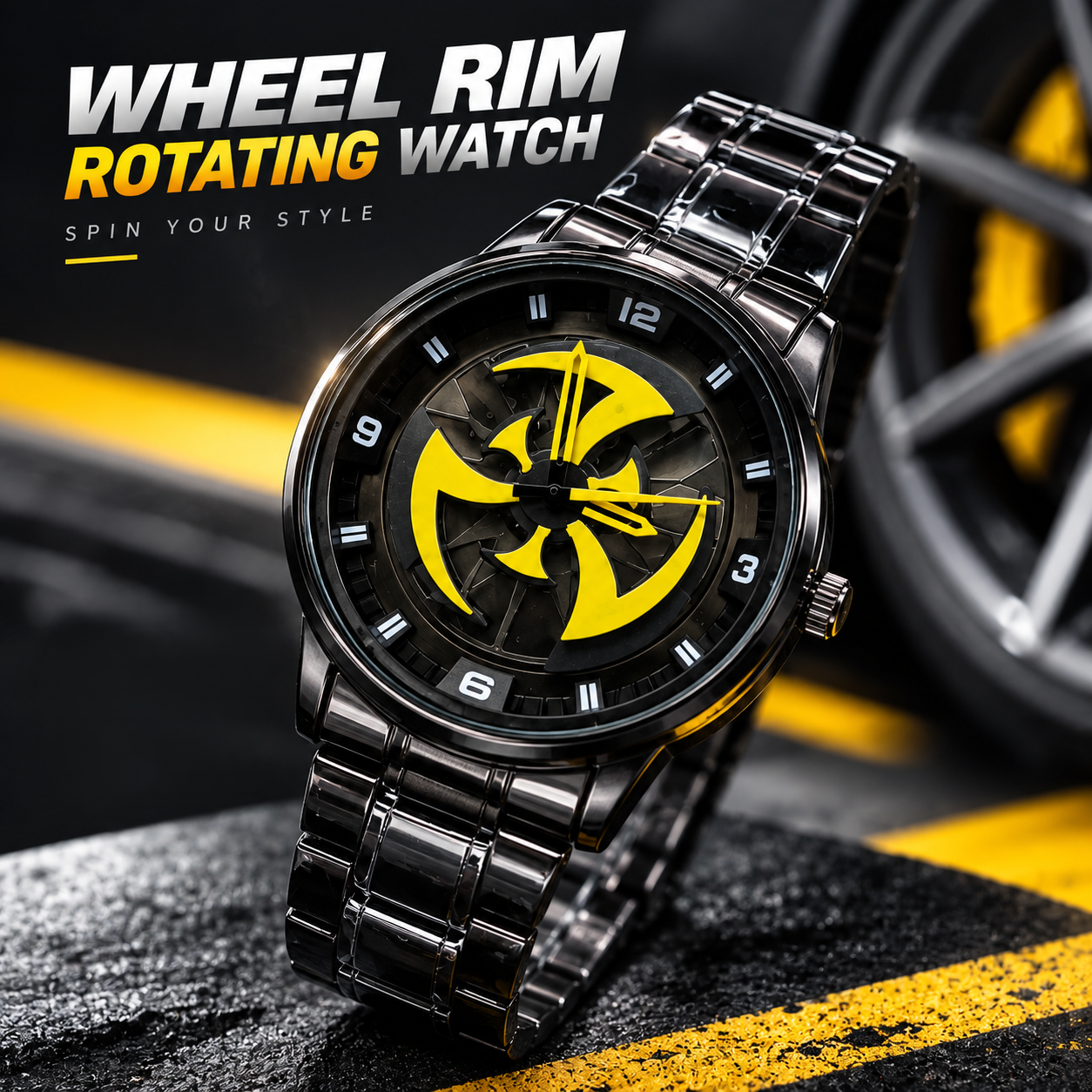 360° Rotating Car Wheel Rim Quartz Watch – Matte Black Metal Sports Wristwatch, 3D Alloy Rim & Brake Disc Dial, Stainless Steel Strap & Scratch-Resistant Glass for Men