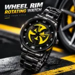 360° Rotating Car Wheel Rim Quartz Watch – Matte Black Sports Wristwatch
