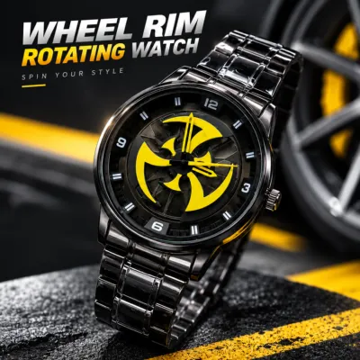 360° Rotating Car Wheel Rim Quartz Watch – Matte Black Sports Wristwatch