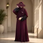Premium Dubai Cherry Fabric: Elegant Lace Abaya Borka maroon Color
