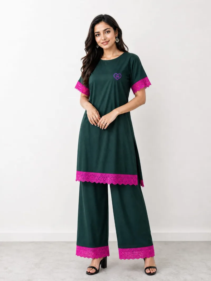 Women's Cotton Long T-Shirt and Pant Set with Lace Trim, Free Size