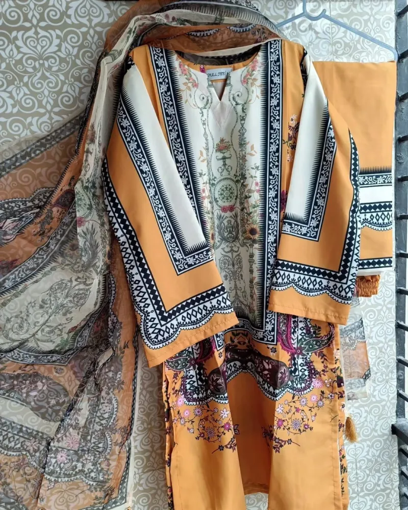 Women's Silk Digital Print Three Piece with Soft Cotton Orna