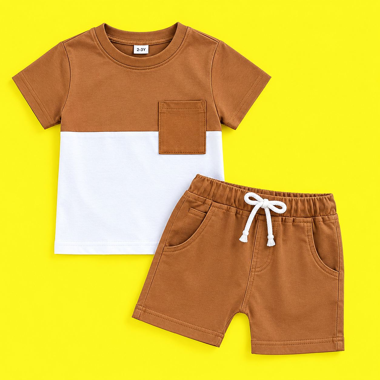 Modern Brown and White Color-Block Boys' Summer Two-Piece Set (T-Shirt & Shorts Set) with Pocket