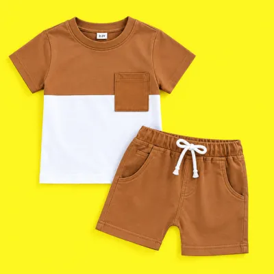 Modern Brown & White Color-Block Boys' Summer Two-Piece Set with Pocket