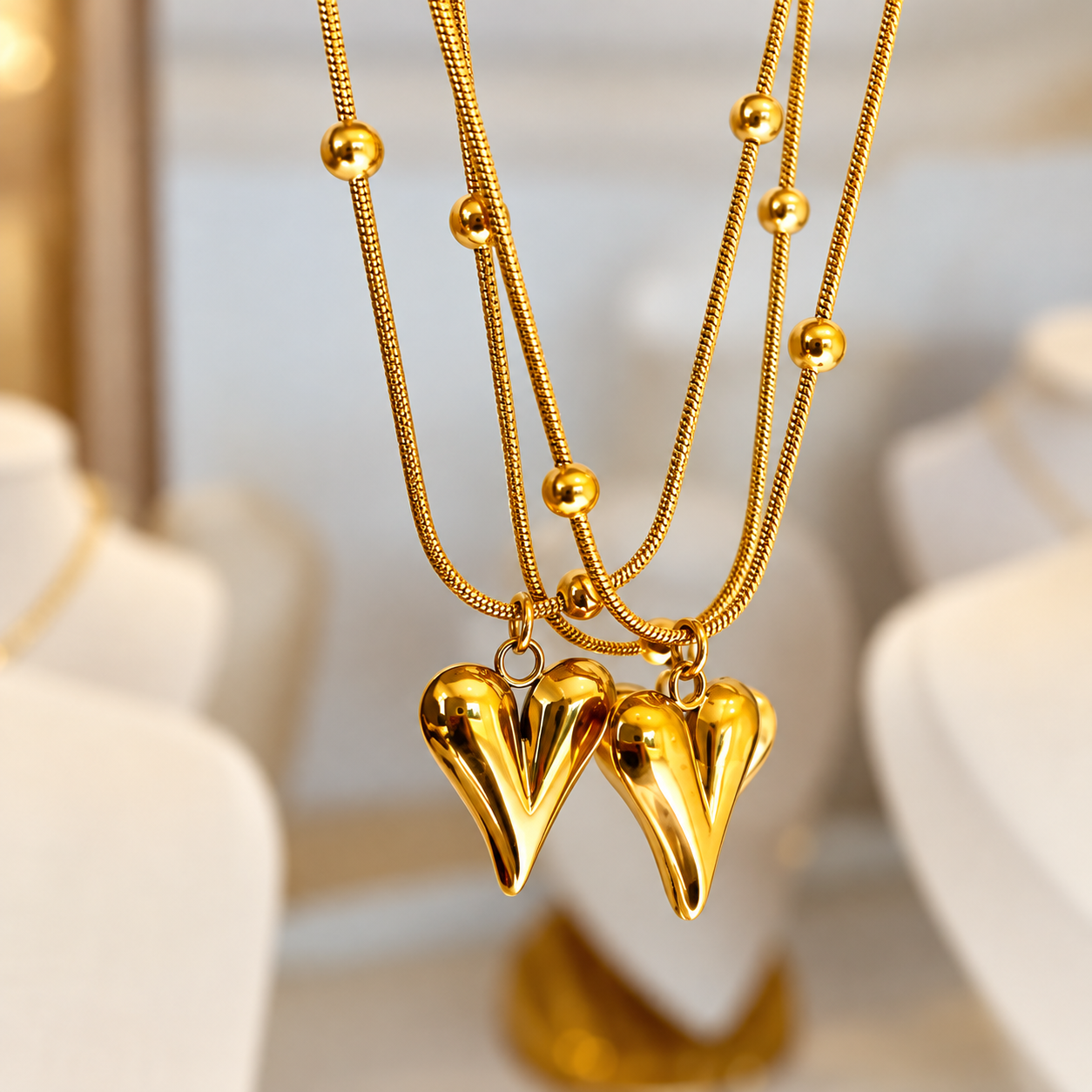 Elegant Gold-Plated Double Layered Heart Pendant Chain Necklace