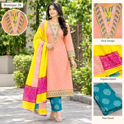 Premium Boutique Peach Cotton Unstitched Three-Piece Suit - Boutique 28