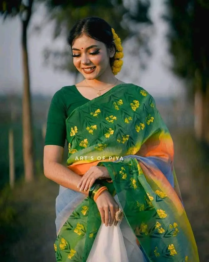 Half Silk Hand Paint Saree for Women, 6 Colour Choices