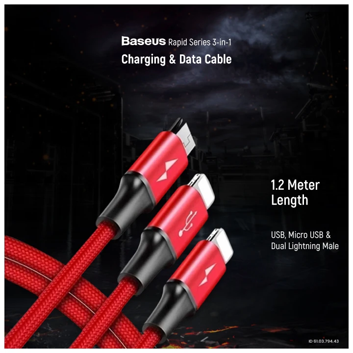 Baseus CAMLL-SU09 Rapid 3-in-1 Micro USB & Dual Lightning Cable Red