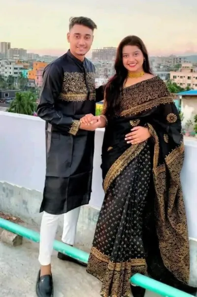 Block and Screen Print Couple Set, Saree and Panjabi, S to XL