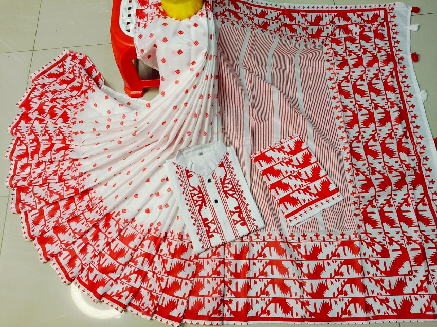 Resham Silk Screen Print Saree and Panjabi Couple Set with Blouse
