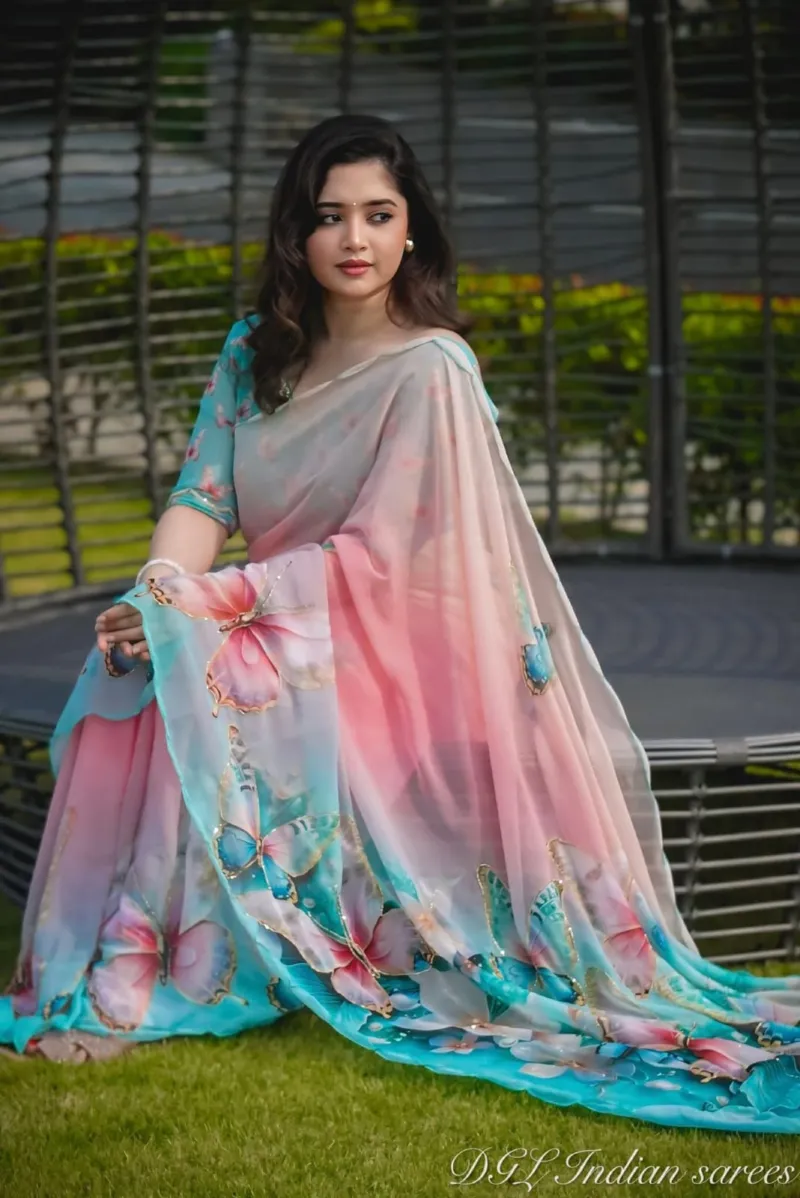Topetor Silk Saree with Butterfly and Flower Digital Print